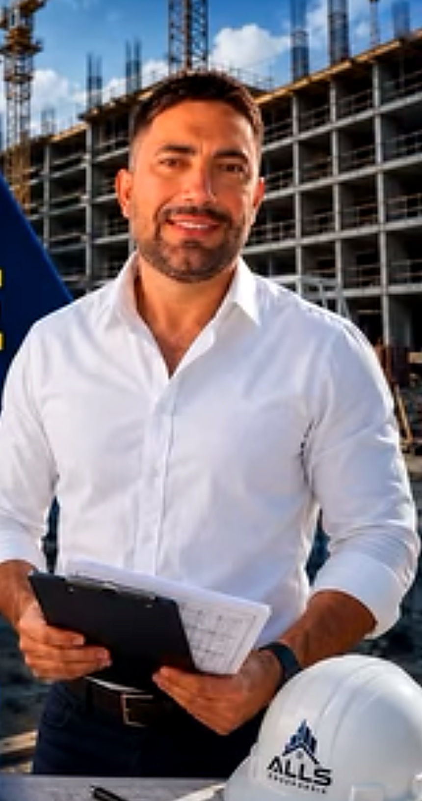 Responsável técnico da ALLS Engenharia em canteiro de obras com prancheta e capacete